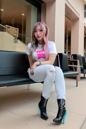 a beautiful flirty Japanese punk girl, 25 years old, perfect face, flirty face, round cute cheeks, perfect eyes, perfect nose, perfect lips, natural skin, long straight hair, kairi sane face, punk hairstyle, pink green hair color, punk girl makeup, white t-shirt, light blue cropped denim jacket, her blue long jeans are tucked into her black leather over the knee high stiletto heel boots and each boot on both legs must have the same height, feels enjoy at the shopping mall, shopping