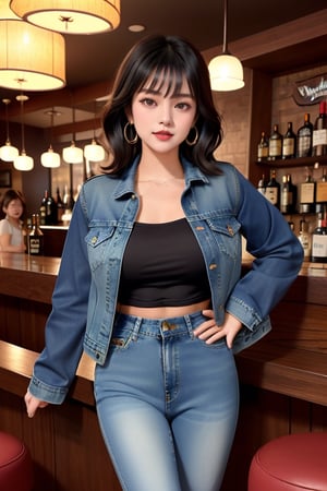 supermodel asian girl, 19 years old, beautiful detailed eyes, t, make-up, dark lips, posing sexy, full body shot in a bar drinking a whisky, 80s hairstyle, loose 80s levis jeans type, jack daniels t-shirt resemble, 80s levi's denim jacket type in very strong acid wash blue color, large hoop earrings