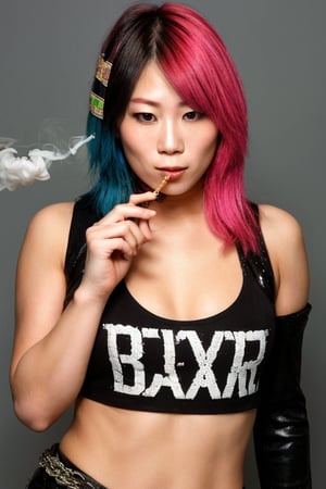 Asuka is a chain smoker girl wearing a punk rocker girl attire, punk rocker girl hairstyle, she is smoking a cigarette