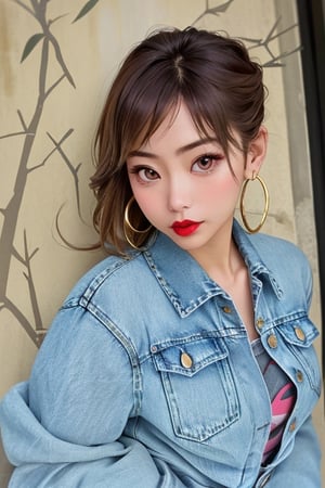 slim girl, beautiful detailed eyes, tight jeans, cropped denim jacket, kairi sane hairstyle, kairi sane face, red lips,1girl, hoop earrings,kairisane