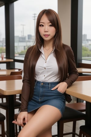 1girl, solo, long hair, looking at the viewer, brown hair, kairi sane face, kairi sane hairstyle, shirt, long sleeves, brown eyes, sitting, white shirt, outdoors, realistic, the image of a Japanese female, high quality, 8K Ultra HD, photorealistic has a fully detailed mature face, Realistically not Ai, 36D, NATURAL, charming, detailed face, a teacher wearing a sexy dress with jeans jacket, with long legs and stocking, sexy pose in the restaurant.