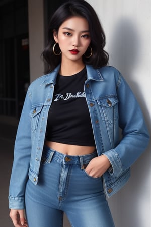 supermodel asian girl, 19 years old, beautiful detailed eyes, t, make-up, dark lips, posing sexy, 80s hairstyle, loose 80s levis jeans type, jack daniels t-shirt resemble, 80s levi's denim jacket type in very strong acid wash blue color, large hoop earrings