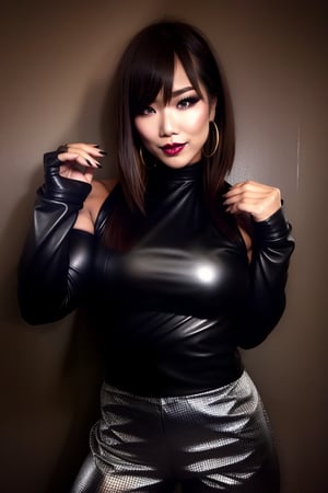 beautiful detailed eyes, sexy supermodel detailed makeup, dark lips, kairi sane hairstyle, black eyeshadows, flirty look, sexy wrestler outfit, tight leather pants, punk girl leather jacket, black cap, hoop earrings, long black nails, full body shot,kairisane