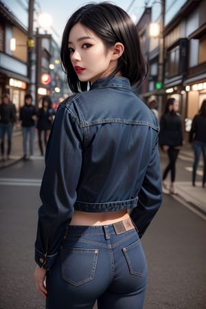 Japanese fashion influencer in her 20s standing candidly, natural pose, fitted jeans, cropped fitted denim jacket, captured from the back, raw style, black goth lips style, black eyeshadows, Sony A7III, aspect ratio 1:2, hyperreal, photorealistic quality, dramatic backlighting, soft shadows, depth of field, ultra clear, UHD drawing