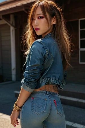 Japanese levi's girl 36 years old standing candidly, flirty pose, she is wearing levi's clothes, jewel bracelerts, waist chain, fashion outfit, levi's denim jacket ex-boyfriend type, raw style, punk like make up, large hoop earrings, long hair, kairi sane hairstyle, blonde hair, Sony A7III, aspect ratio 1:2, hyperreal, photorealistic quality, dramatic backlighting, soft shadows, depth of field, ultra clear, UHD drawing