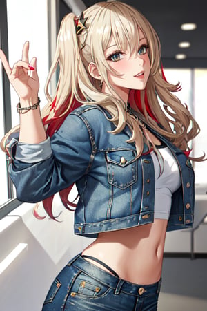 Bad and rebel girl having a good time in a party and posing so flirty, she is wearing a rebel and bad girl outfit with jeans and a denim jacket