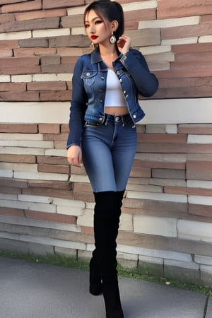 Japanese onlyfans model woman, 40 years old, dark lips, onlyfans model girl hairstyle with ponytail and fringe, typical fashion model woman outfit, hoop earrings, tight denim jacket, punk girl makeup, full body shot, slim girl, sexy body, long nails,sexy jeans,Sexy Pose,blackbootsnjeans
