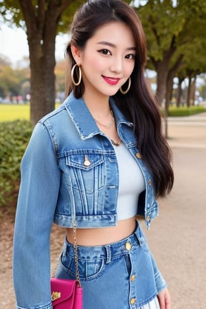 Two stunningly beautiful rich glamourus 21 years old japanese gravure girls, long hair ponytail and fringe, posing flirty in a park, flirty lips, flirty smile, very much detailed make-up (wearing women school uniform) (wearing cropped levis denim jacket in light blue color) (small handbag) (hoop earrings) High quality photos, 8k extreme detailed, full body shot