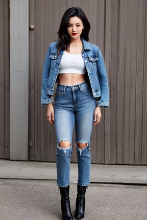Bad and rebel girl having a good time in a photoshoot model for levi's, slim body, she is wearing a rebel and bad girl outfit with tight jeans and a cropped denim jacket to her waist, high heel boots