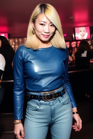 Japanese woman wearing cropped leather jacket and tight light blue jeans, fitted t-shirt, punk belt, fashion girl make-up, big hoop earrings, flirty lips, smile, she is dating with you in a night club, blonde hair color