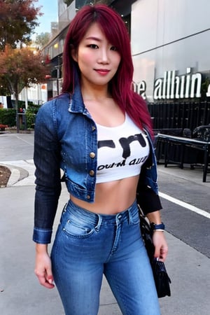 Asuka being a young girl in her 30s, she is wearing jeans, cropped denim jacket and a sexy t-shirt