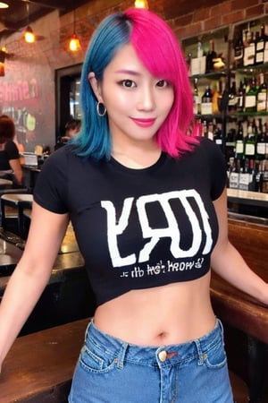 Asuka is a hot supermodel girl flirting with you in a bar and she poses provocatively trying to have your attention, smiling flirty, hoop earrings, slim body, asuka hair style, pink blue hair, she is wearing tight levi's jeans and a sexy cropped t-shirt