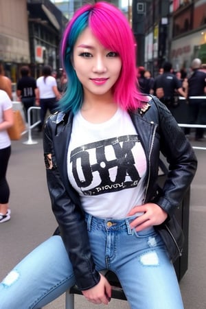 hot japanese girl, she is a repeat offender criminal, 39 years old, torn jeans, biker jacket and Ramones t-shirt, asuka make-up, asuka face, asuka hairstyle, blue pink hair color, smiling flirty and provocatively, posing defiant, realistic, full body shot,hot girl