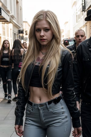 Avril Lavigne, punk girl attire, tight jeans, cropped and tight jean jacket, Avril Lavigne makeup, hot dark lips, punk girl hairstyle