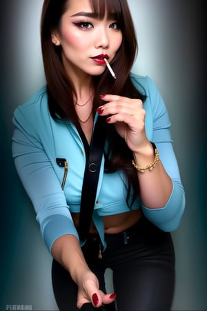 beautiful detailed eyes, sexy supermodel smoking cigarettes, detailed makeup, dark lips, kairi sane hairstyle, black eyeshadows, hot lips, tight light blue jeans, light blue denim jacket,kairisane