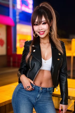 Japanese hot girl 36 years old standing candidly in a night club during a romantic date, flirty pose because she's in love with you, japanese slender body girl, hot latina baddie girl outfit, tight jeans acid wash blue color 80s style, jewel bracelerts, fashion outfit, raw style, fashion make up, crop biker jacket girl, large latina hoop earrings, kairi sane ponytail hairstyle, blonde hair, hot smile, captured from the front, Sony A7III, aspect ratio 1:2, hyperreal, photorealistic quality, dramatic backlighting, soft shadows, depth of field, ultra clear, UHD drawing