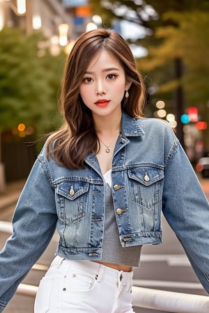 beautiful detailed eyes, tight jeans, tight cropped small denim jacket, punk girl make-up, red lips, posing very sexy and flirting in a street at night, realistic, kairi sane face, kairi sane hairstyle, kairi sane hair color