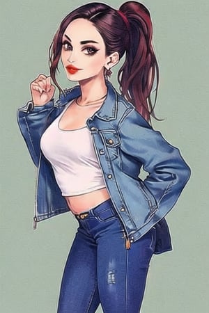 beautiful detailed eyes, tight jeans, cropped denim jacket, kairi sane hairstyle, red lips,1girl folded ponytail earrings,kairisane,Megan fox 