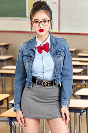 Sexy high school teacher girl, 25 years old, formal blouse, sexy denim jacket, formal black skirt, gucci belt, formal makeup, formal attire, red lips, cute style, she is wearing glasses, formal hairstyle, she is posing sexy inside her classroom