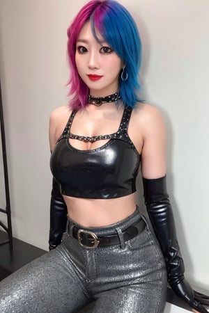 Japanese punk fashion influencer in her 40s posing provocatively in a crop top shirt and tigh leather pants full body in a strip club, she is wearing sexy punk clothes, leather bracelerts, punk girl gloves, waist chain, punk fashion, raw style, punk like make up, large hoop earrings, short hair, Asuka hairstyle, blue pink hair, Sony A7III, aspect ratio 1:2, hyperreal, photorealistic quality, dramatic backlighting, soft shadows, depth of field, ultra clear, UHD drawing