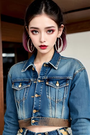 slim girl, beautiful detailed eyes, tight jeans, cropped denim jacket, punk girl make-up, punk girl haircolor, dark lips, hoop earrings