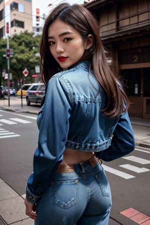 Japanese fashion influencer in her 20s standing candidly, natural pose, fitted jeans, cropped fitted denim jacket, captured from the back, raw style, red lips, long hair. black eyeshadows, Sony A7III, aspect ratio 1:2, hyperreal, photorealistic quality, dramatic backlighting, soft shadows, depth of field, ultra clear, UHD drawing