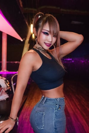 Japanese hot girl 36 years old standing candidly in a night club during a romantic date, flirty pose because she's in love with you, japanese slender body girl, hot latina baddie girl outfit, tight jeans acid wash blue color 80s style, jewel bracelerts, raw style, fashion make up, very sexy crop top, large latina hoop earrings, kairi sane ponytail hairstyle, blonde hair, hot smile, Sony A7III, aspect ratio 1:2, hyperreal, photorealistic quality, dramatic backlighting, soft shadows, depth of field, ultra clear, UHD drawing