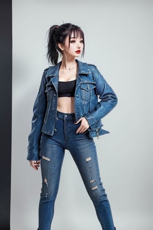 Japanese onlyfans model woman, 19 years old, dark lips, onlyfans model girl hairstyle with ponytail and fringe, typical fashion model woman outfit, hoop earrings, tight denim jacket, punk girl makeup, full body shot, slim girl, sexy body, long nails,sexy jeans,Sexy Pose