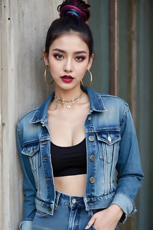 slim girl, beautiful detailed eyes, tight jeans, cropped denim jacket, punk girl make-up, punk girl haircolor, punk girl hairstyle, dark lips, hoop earrings, full body shot