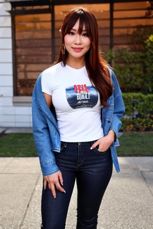 Kairi Sane, she is wearing jeans, small denim jacket and a sexy t-shirt