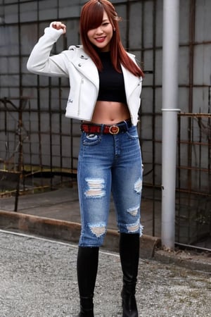 Kairi Sane in her young years, she is wearing frayed jeans, cropped leather jacket, long heel boots, black lips, fashion belt, she is flirting,kairisane