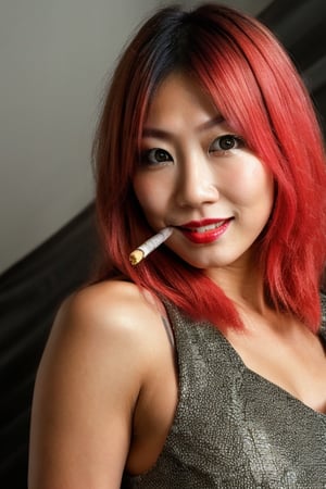 Japanese fashion girl, seductive smile, asuka hairstyle, blue red hair color, long hair, punk girl makeup, asuka face, red lipstick, smoking a cigarette