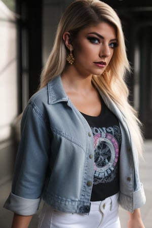 Alexa Bliss is a hot american fashion influencer standing so sexy, sexy pose, white t-shirt, 80s acid wash levis jeans, 80s acid wash light blue levis denim jacket, raw style, dark lips, blonde hair, black eyeshadows, large hoop earrings, Sony A7III, aspect ratio 1:2, hyperreal, photorealistic quality, dramatic backlighting, soft shadows, depth of field, ultra clear, UHD drawing