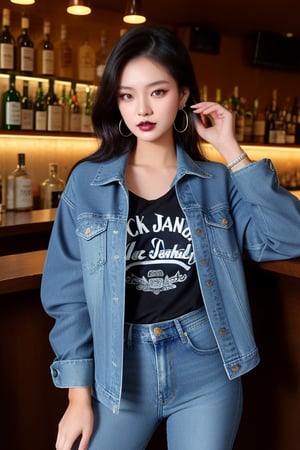 supermodel asian girl, 19 years old, beautiful detailed eyes, t, make-up, dark lips, posing sexy, full body shot in a bar drinking a whisky, 80s hairstyle, loose 80s levis jeans type, jack daniels t-shirt resemble, 80s levi's denim jacket type in very strong acid wash blue color, large hoop earrings