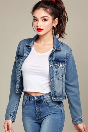 beautiful detailed eyes, tight jeans, cropped denim jacket, hair with ponytail and fringe, red lips
