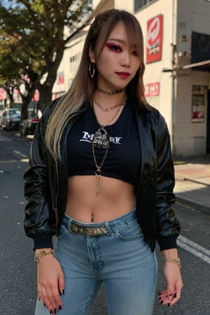 Japanese levi's girl 36 years old standing candidly, flirty pose, she is wearing levi's clothes, levi's ex-boyfriend jacket, t-shirt with the word "sexy" on it, jewel bracelerts, waist chain, fashion outfit, raw style, punk like make up, large hoop earrings, long hair, kairi sane hairstyle, blonde hair, Sony A7III, aspect ratio 1:2, hyperreal, photorealistic quality, dramatic backlighting, soft shadows, depth of field, ultra clear, UHD drawing