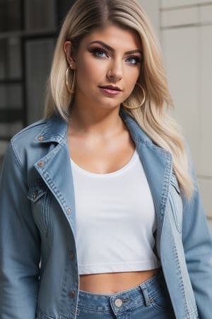 Alexa Bliss is a hot american fashion influencer standing so sexy, sexy pose, white t-shirt, 80s acid wash levis jeans, 80s acid wash light blue cropped levis denim jacket, captured from the front, raw style, dark lips, blonde hair, black eyeshadows, large hoop earrings, Sony A7III, aspect ratio 1:2, hyperreal, photorealistic quality, dramatic backlighting, soft shadows, depth of field, ultra clear, UHD drawing