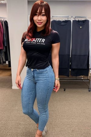 Kairi Sane, she is wearing a provocative attire, tight jeans and a sexy t-shirt