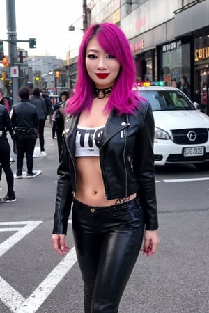 Japanese rebel criminal girl, 42 years old, smile, dark lips, rebel look, punk girl hairstyle, she is staring at the street with her friends, cropped leather jacket, tight leather pants, punk girl makeup, full body shot, slim girl, sexy body