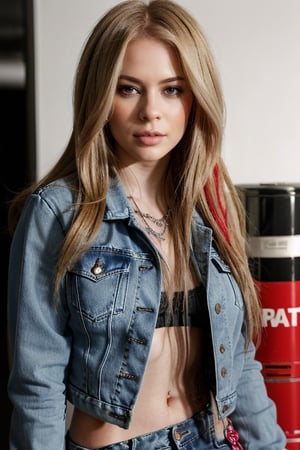 Avril Lavigne in her young years, she is wearing a rebel girl attire with frayed jeans, cropped denim jacket, she poses sexy and smokes a cigerette at the same time