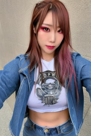 Kairi Sane, she is wearing jeans, cropped denim jacket and a sexy t-shirt, beautiful detailed eyes