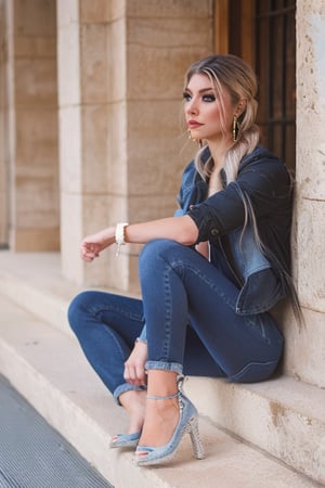 American woman 30 years old resembling Alexa Bliss, she is wearing levis jeans (short, tight, light blue color) and a ex-boyfriend levis denim jacket (light blue color), beautiful long hair, alexa bliss face, alexa bliss hairstyle, harley quinn makeup, posing, daylight, full body image, large hoop earrings, photoshoot