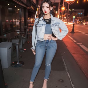 asian girl, beautiful detailed eyes, tight jeans, cropped denim jacket, make-up, red lips, posing sexy in a night club and smoking a cigarette, realistic