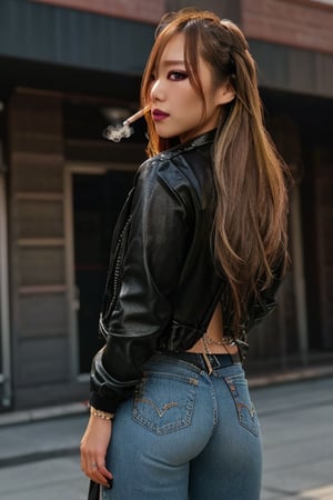 Japanese levi's girl 36 years old standing candidly, flirty pose, she is wearing levi's clothes, levi's ex-boyfriend jacket, jewel bracelerts, waist chain, fashion outfit, raw style, punk like make up, large hoop earrings, long hair, captured from the back, kairi sane hairstyle, blonde hair, she is smoking cigarettes, Sony A7III, aspect ratio 1:2, hyperreal, photorealistic quality, dramatic backlighting, soft shadows, depth of field, ultra clear, UHD drawing