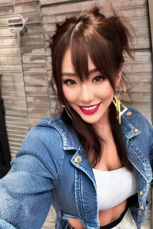 Kairi Sane is flirting with long hair, smiling flirty, hoop earrings, slim body, she is wearing tight jeans and cropped levi's women denim jacket,kairisane