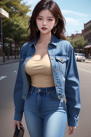 supermodel asian girl, 19 years old, beautiful detailed eyes, t, make-up, dark lips, posing sexy, 80s hairstyle, loose 80s levis jeans type, jack daniels t-shirt resemble, 80s levi's denim jacket type in very strong acid wash blue color, large hoop earrings