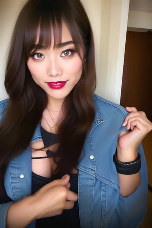 High school japanese teacher, beautiful detailed eyes, sexy supermodel detailed makeup, dark lips, kairi sane hairstyle, black eyeshadows, flirty look, denim jacket, foormal attire,kairisane