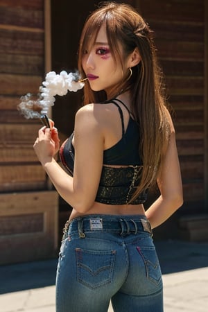 Japanese levi's girl 36 years old standing candidly, flirty pose, she is wearing levi's clothes, jewel bracelerts, waist chain, fashion outfit, raw style, punk like make up, large hoop earrings, long hair, captured from the back, kairi sane hairstyle, blonde hair, she is smoking cigarettes, Sony A7III, aspect ratio 1:2, hyperreal, photorealistic quality, dramatic backlighting, soft shadows, depth of field, ultra clear, UHD drawing