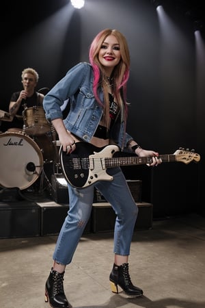 American rebel girl guitarrist, 19 years old, smile, dark lips, rebel look, punk girl hairstyle, avril lavigne haircolor, avril lavigne face, she is playing a guitar in a concert, cropped denim jacket, tight blue jeans, punk girl makeup, full body shot, slim girl