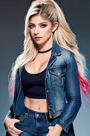 beautiful detailed eyes, tight jeans, tight cropped denim jacket, alexa bliss make-up, red lips, posing very sexy and flirting during a model photoshoot, realistic,alexabliss